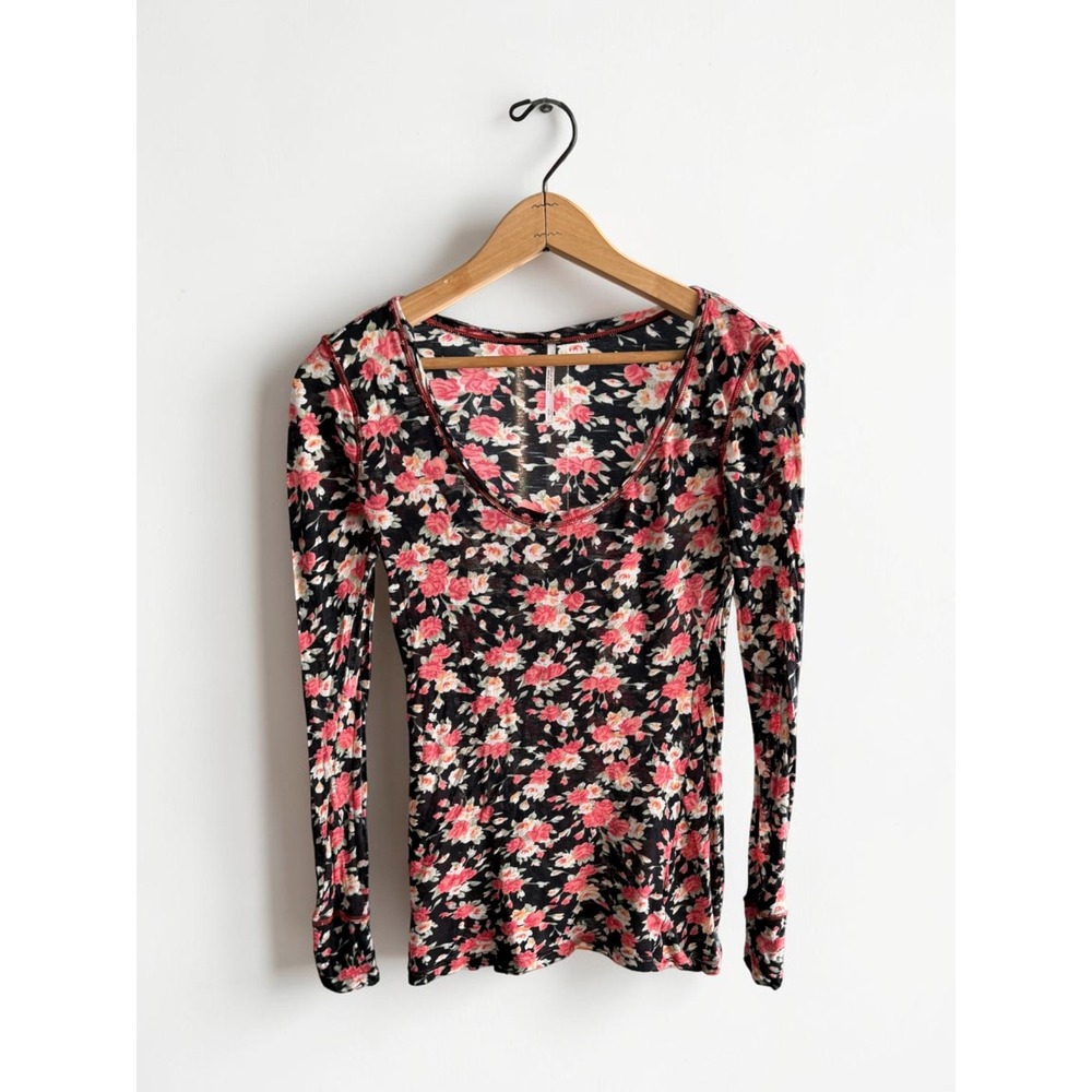 Free People Floral Scoop Neck Long Sleeve Top Black Pink Cotton Small
